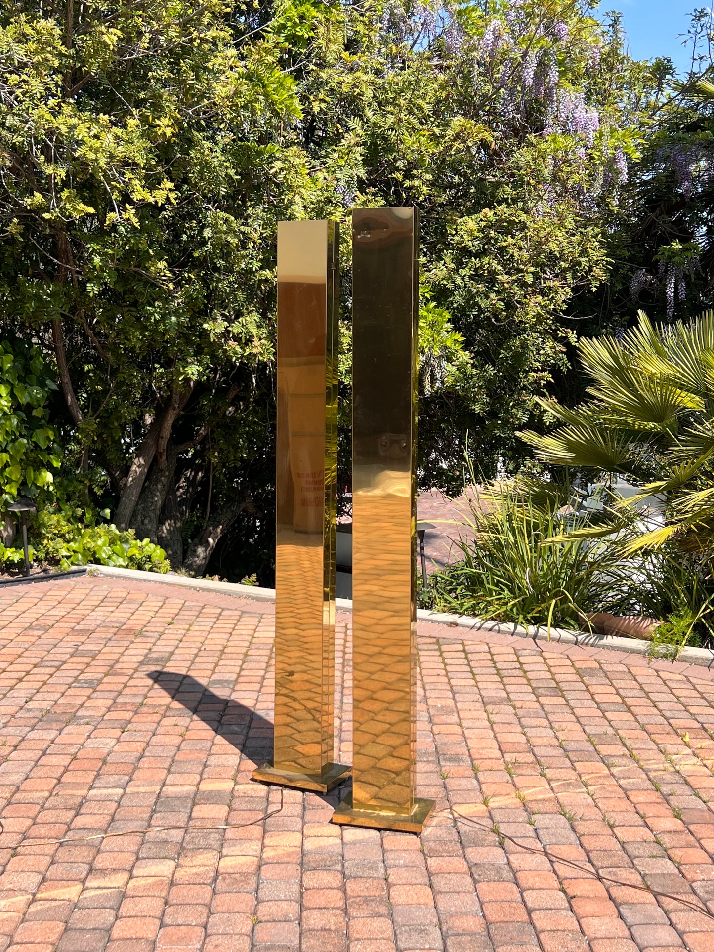 Pair of monolith brass “Pylon” torchiere floor lamps by Casella, circa 1980