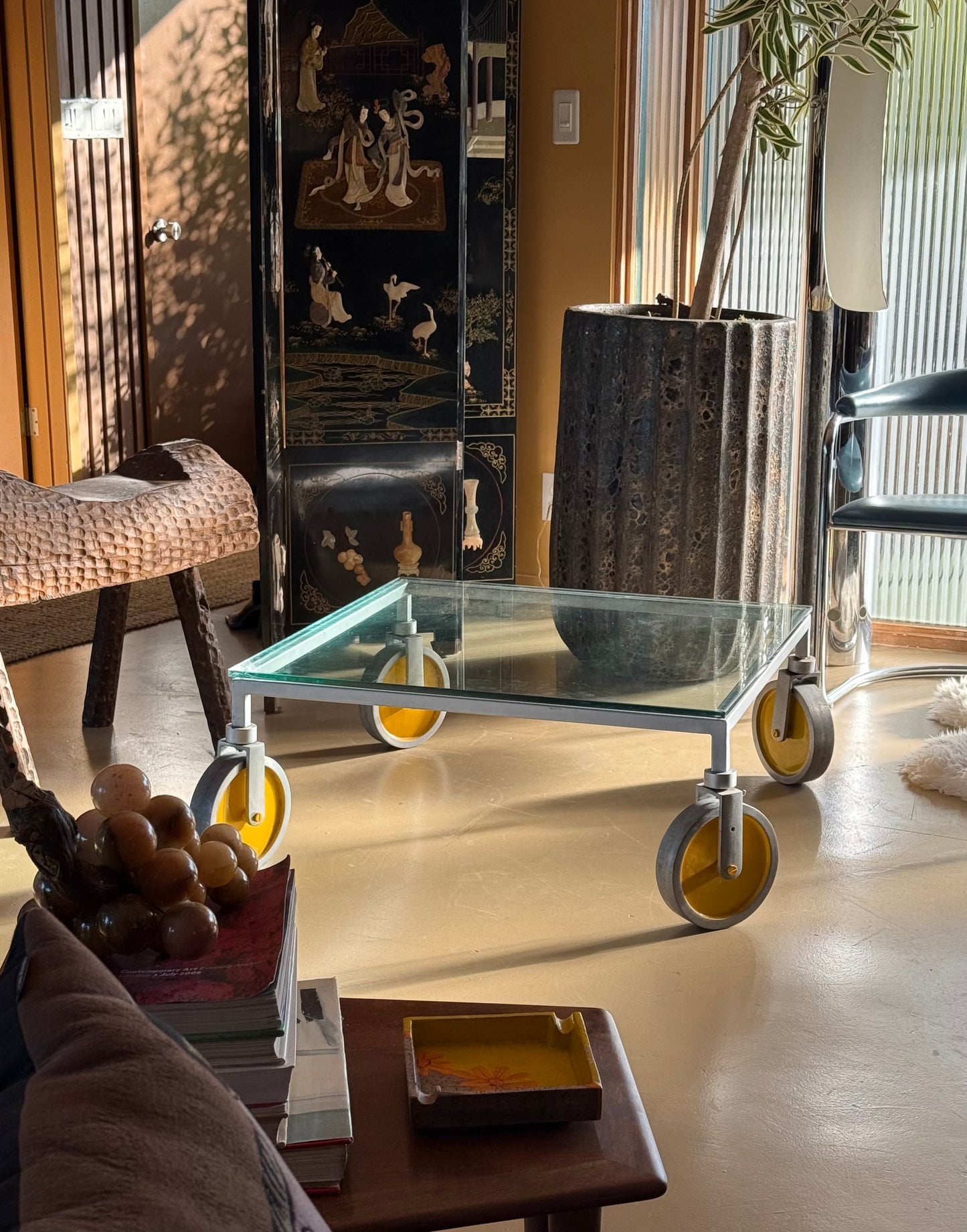 Glass coffee table on wheels after Gae Aulenti, 20th century
