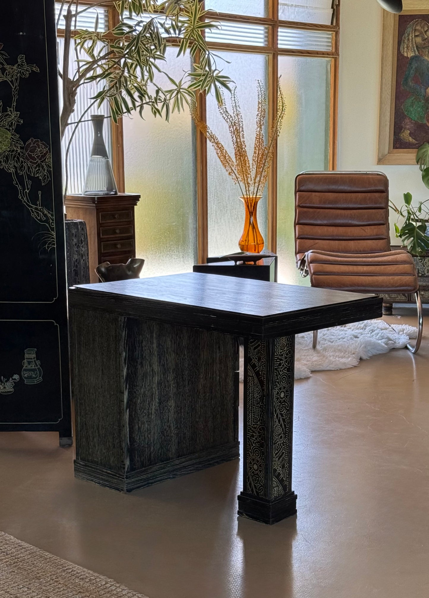 Hand-carved ebonized wood desk, early 20th century