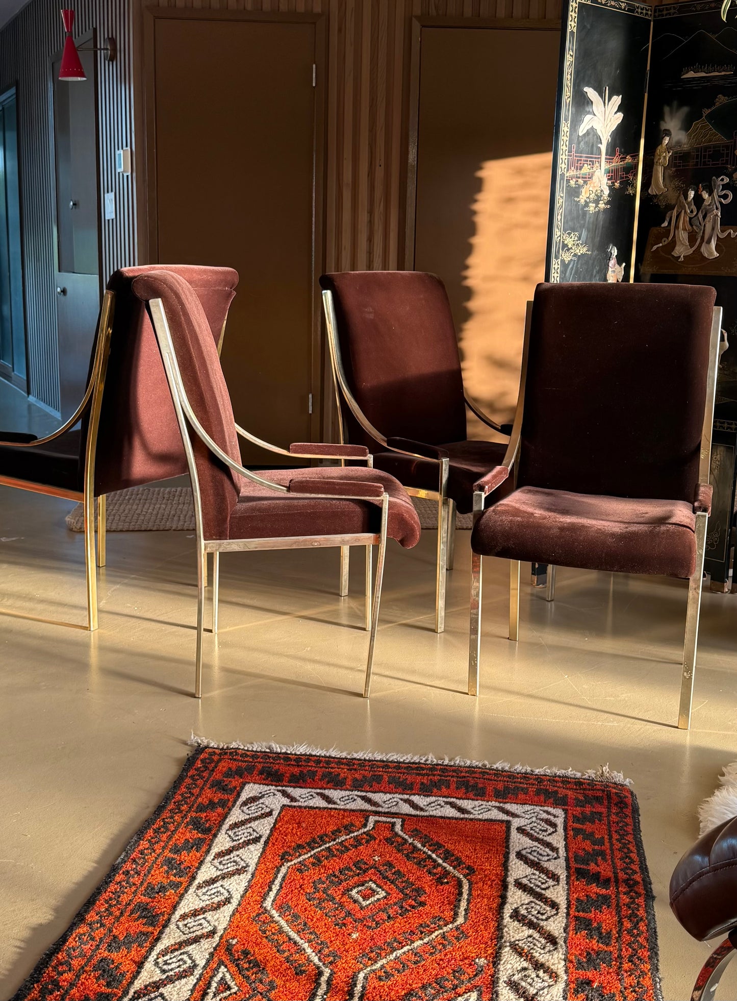 Set of 4 brown velvet Hollywood Regency chairs, circa 1970