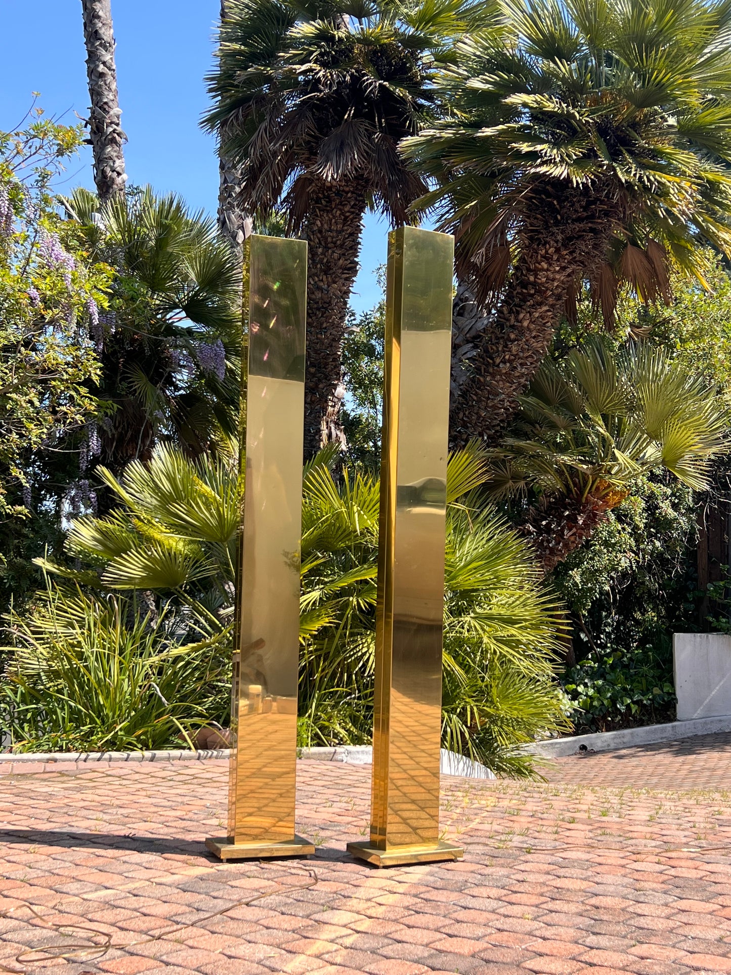 Pair of monolith brass “Pylon” torchiere floor lamps by Casella, circa 1980