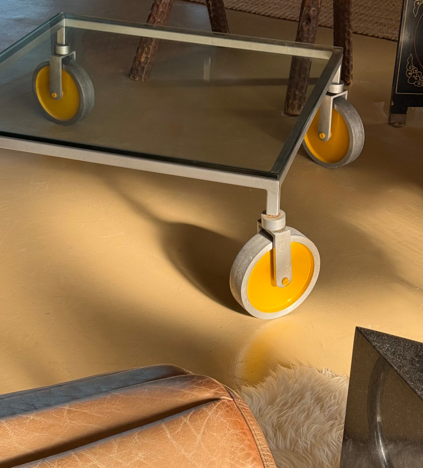 Glass coffee table on wheels after Gae Aulenti, 20th century