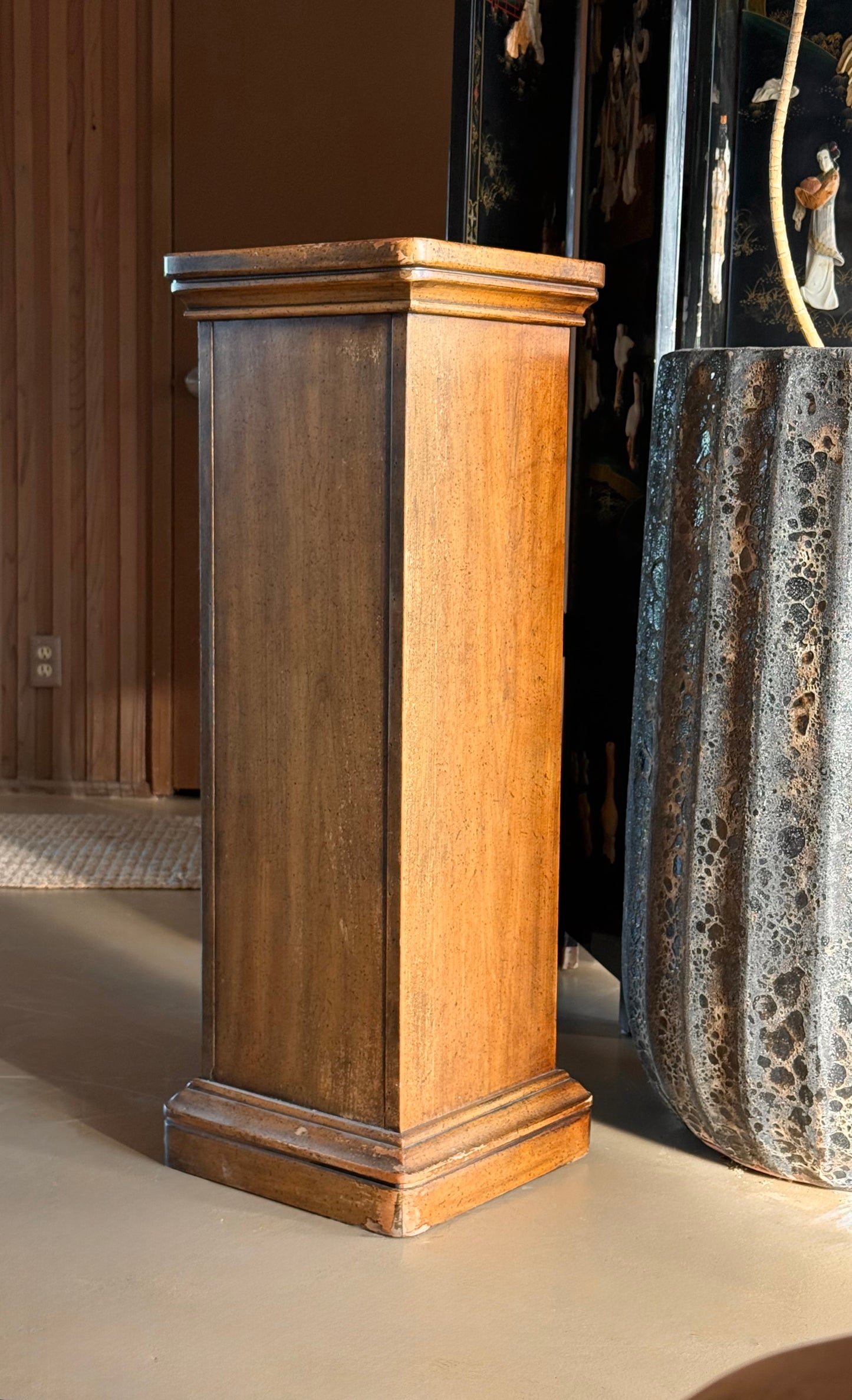 Wood and brass pedestal cabinet with pocket drawers, late 19th century
