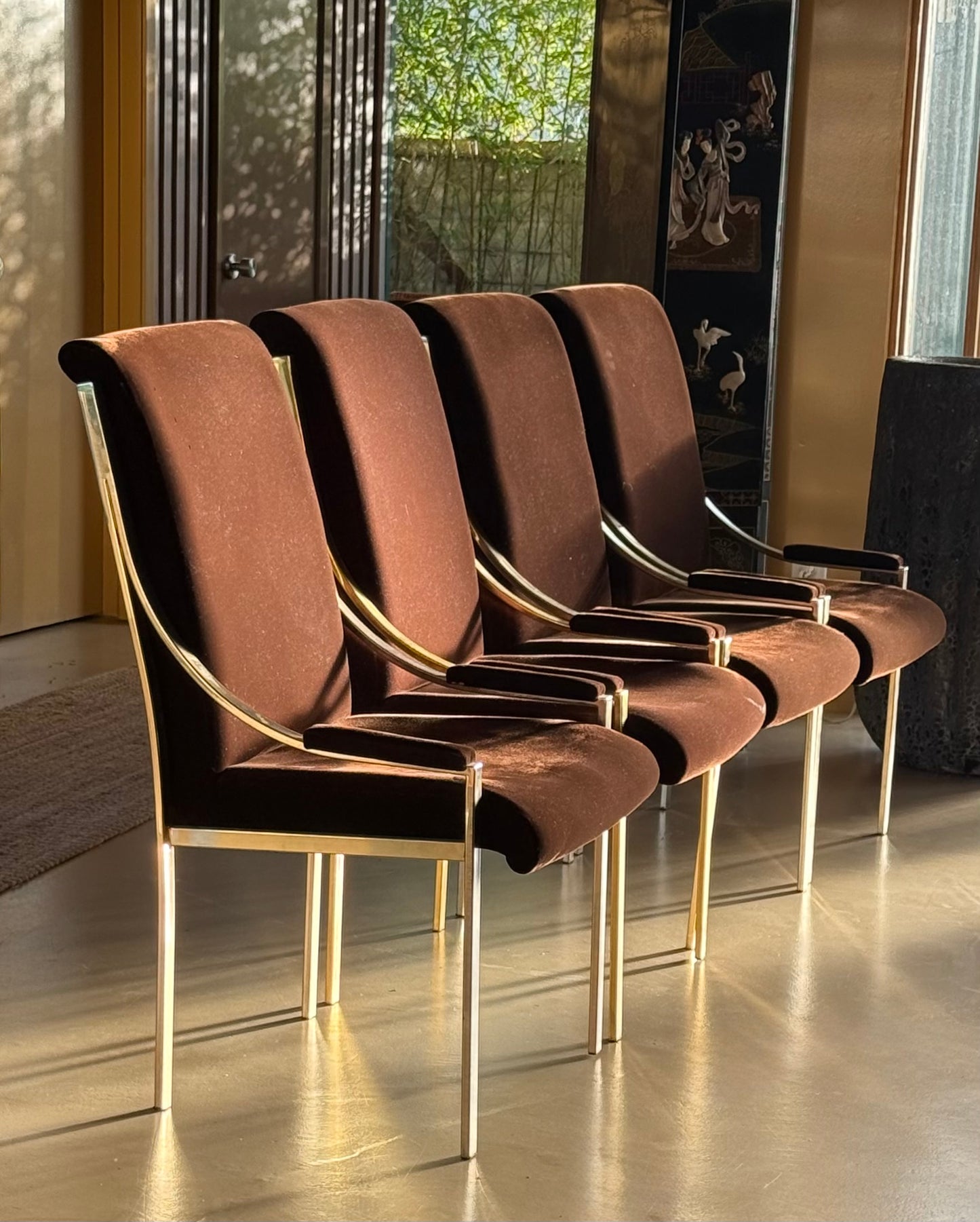 Set of 4 brown velvet Hollywood Regency chairs, circa 1970