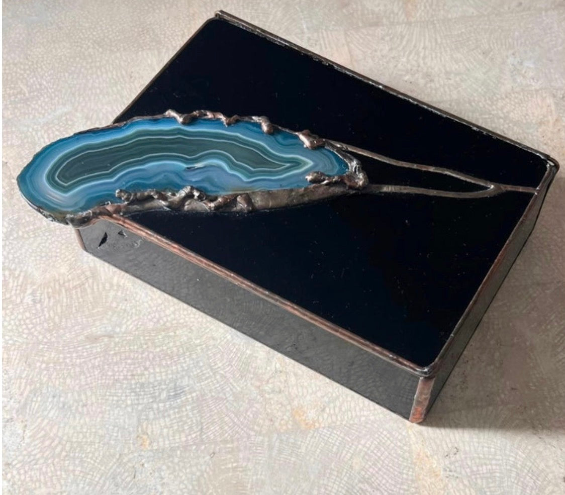 Geode and black glass jewelry box by Don Drumm, late 20th century