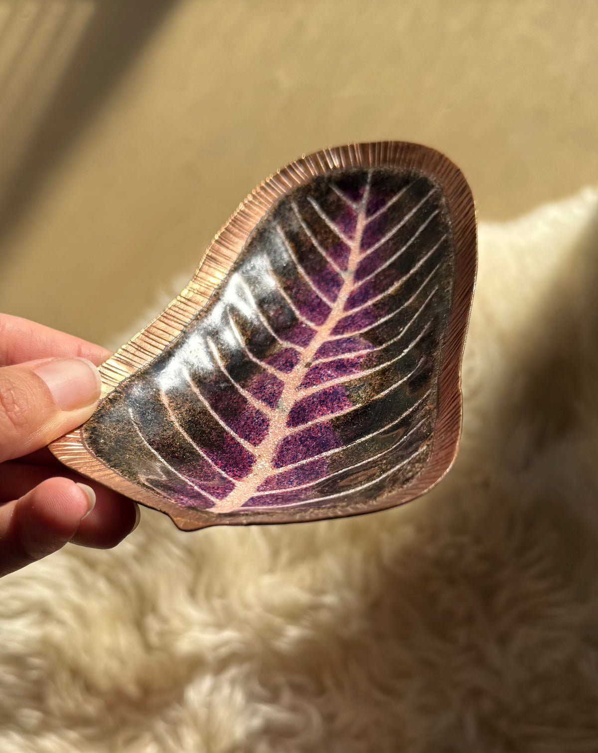 Vintage copper dish with hand-painted leaf motif, 20th century