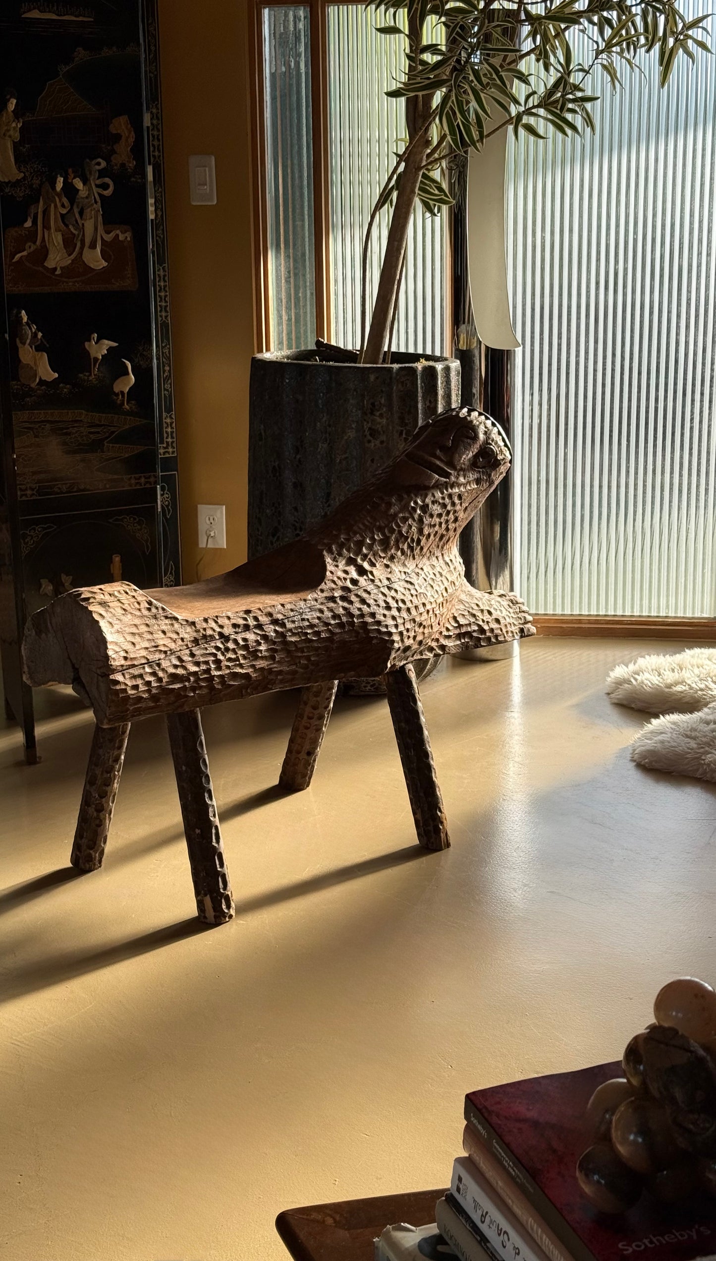 Hand-carved outsider art bench, 20th century