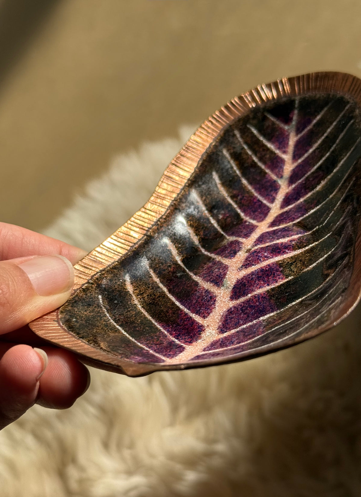 Vintage copper dish with hand-painted leaf motif, 20th century
