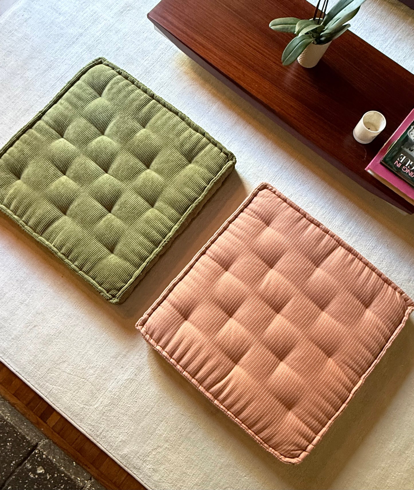 A pair of large floor cushions, 21st century