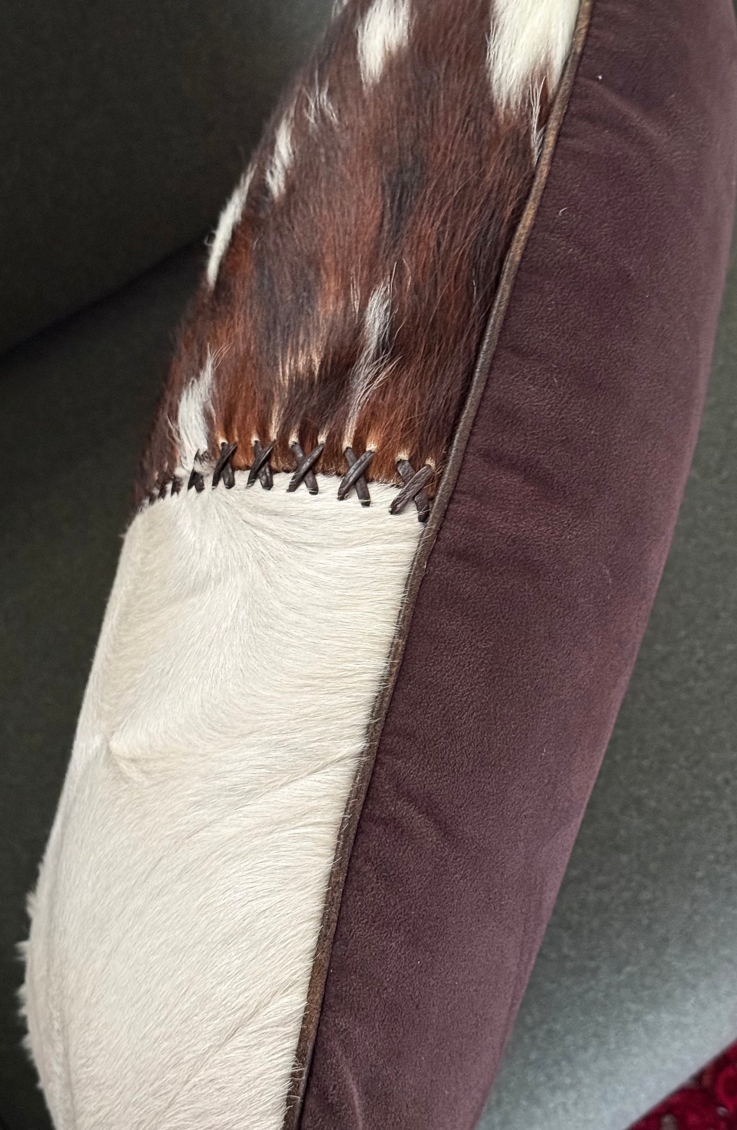 Cowhide and leather throw pillow, 20th century